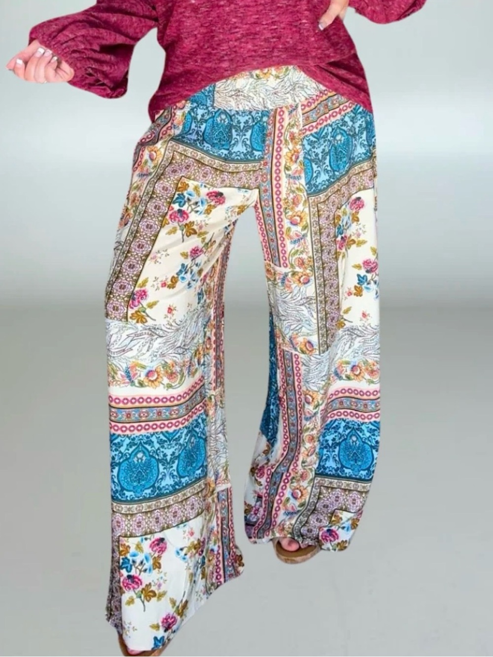 Wide Leg Floral Patchwork Pants